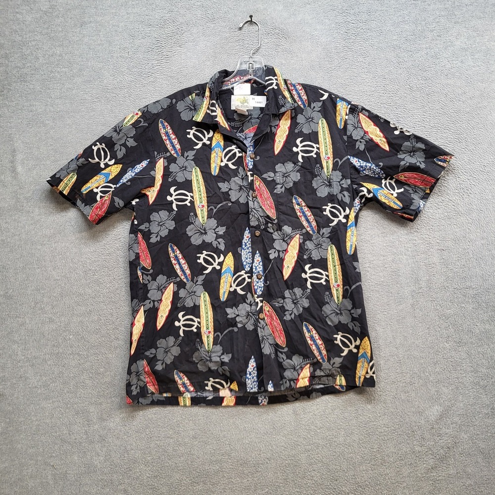 VINTAGE Aloha Men Button‎ Up Shirt Medium Black Surf Allover Print Hawaiian